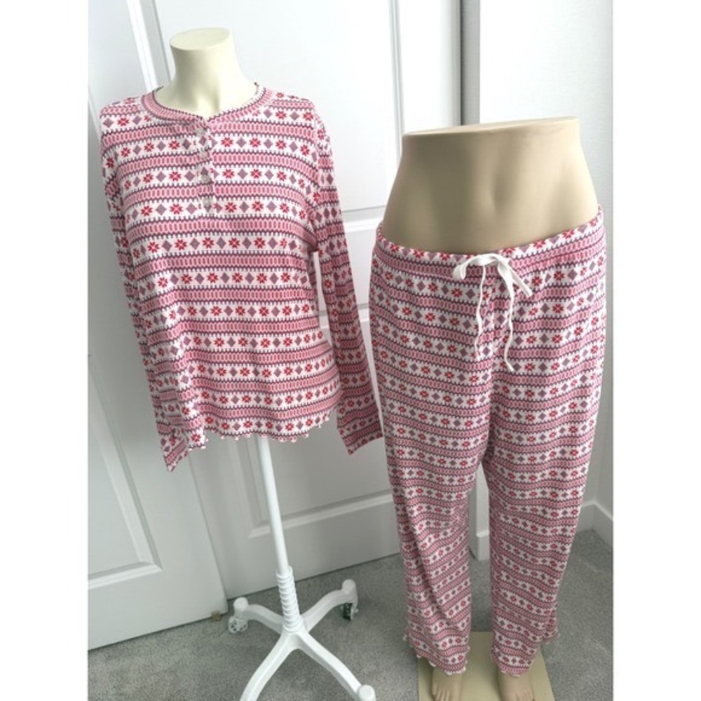 Loft Sleep Henley Pajama Set Red Purple Fair Isle Snowflake Knit Large